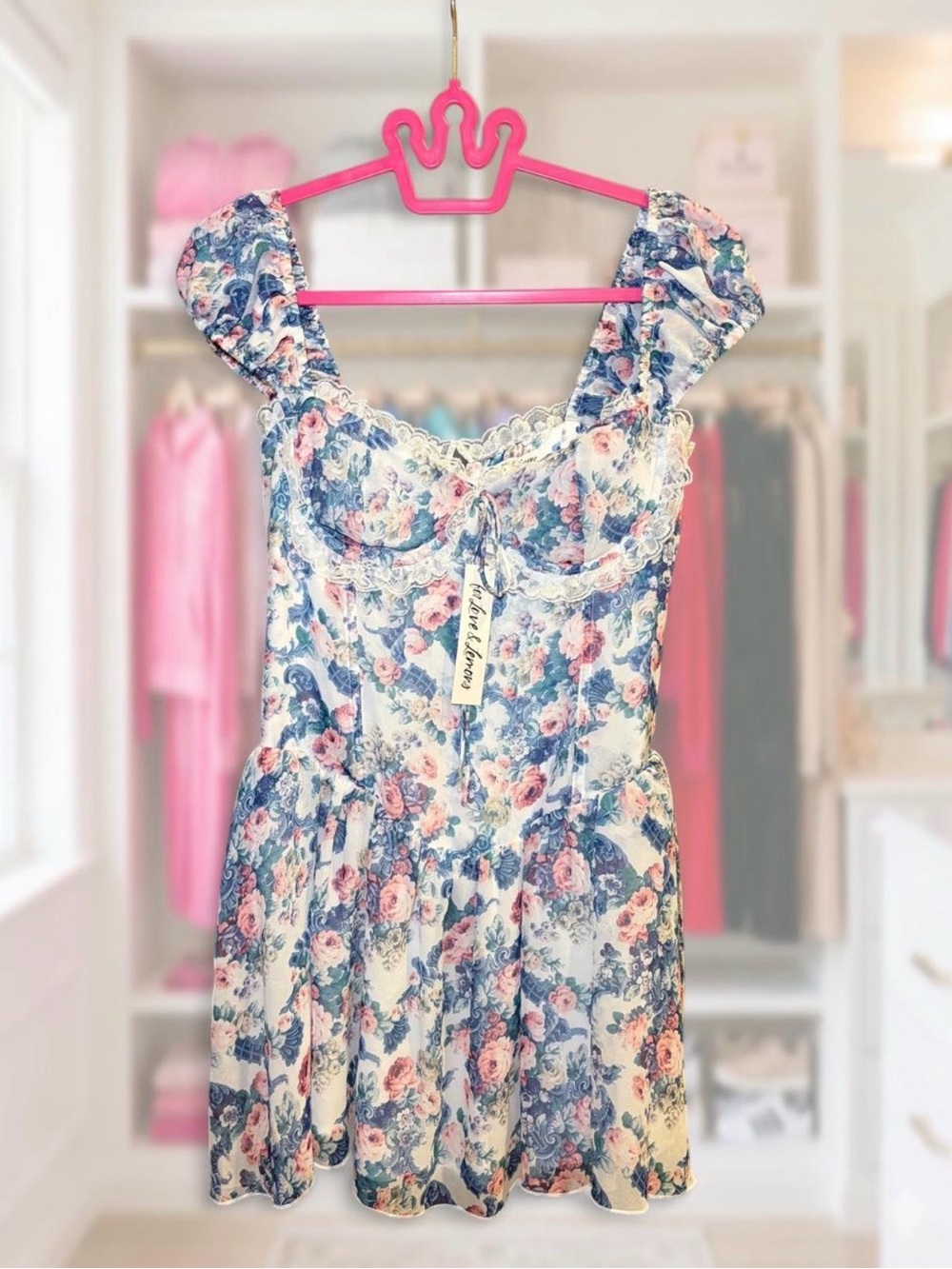 For Love & Lemons Blue and Pink Floral Lace Mini Dress